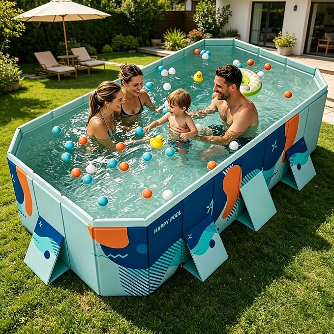 Foldable Swimming Pool, Rectangular Above Ground Swimming Pool for Outdoor Family Square Pool with Drain Plug and Drain Hole, Easy to Assemble Pool for Kids, Pets and Dogs(116" L x 65" W)