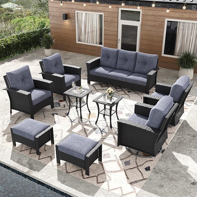 9 Pieces Outdoor Patio Furniture Set, Wicker Patio Sectional Set Conversation Wicker Swivel Chairs with Small Side Table