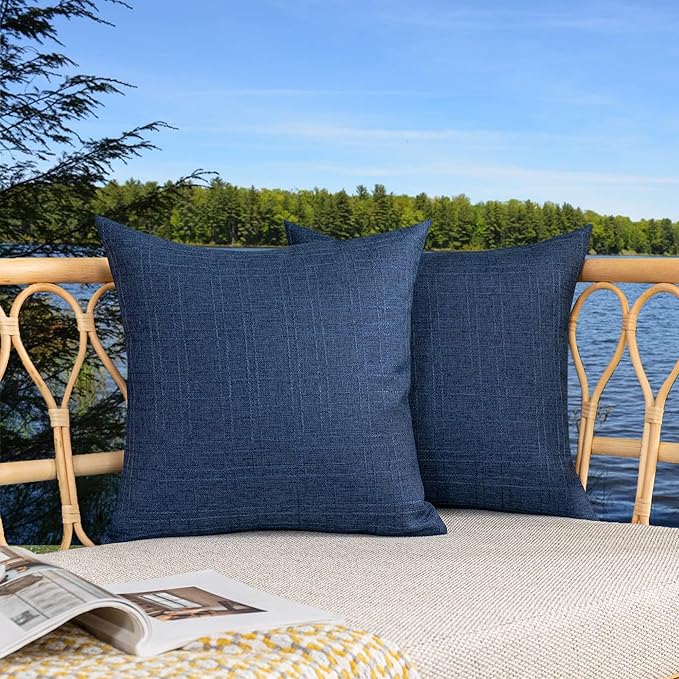 Kevin Textile Outdoor Waterproof 24”x24” Pillow Covers 2 Pack, Blue | Water Resistant, Soft Faux Linen-cotton Yarn-dyed Woven Texture Throw Pillow Covers for Tent Patio Garden Couch Sofa