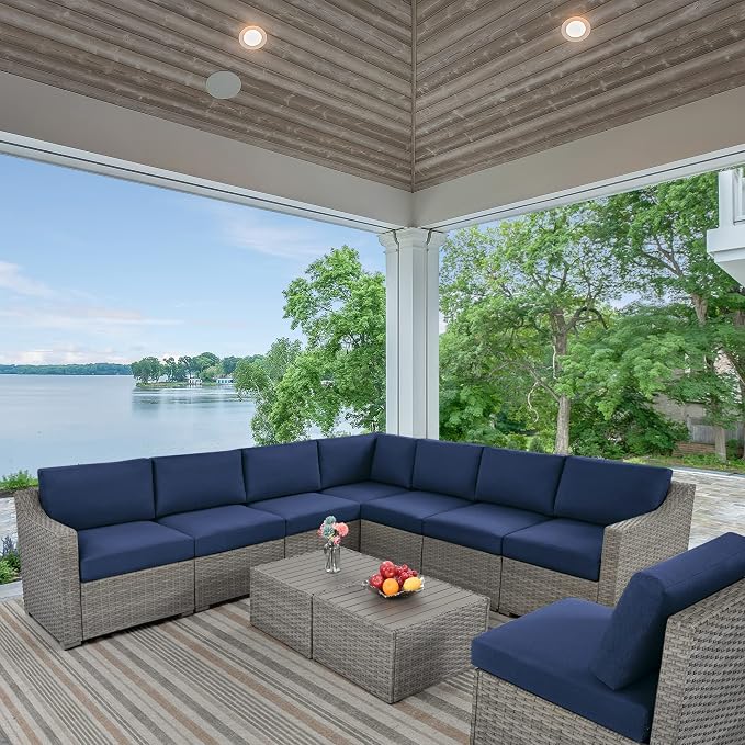 HAPPATIO 10 Piece Patio Conversation Set,Patio Furniture Set with Multiple Configuration Options,Rattan Wicker Outdoor Sectional Sofa with Thick Cushions. Easy Setup. (Gray/Blue)