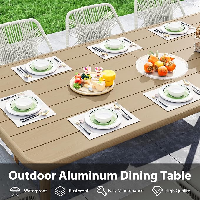 HAPPATIO Outdoor Dining Sets for 8, 9-Piece Patio Table and Chairs Set, Rope Woven Chairs with Cushions, Wood-Grain Aluminum Frame Patio Dining Set for Outside, Lawn, Garden, Backyard