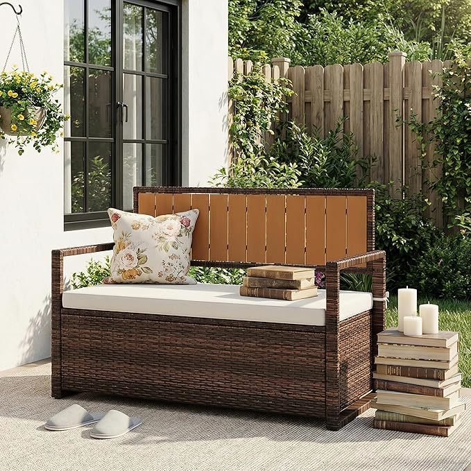 75 Gallon Deck Box Organizer, PE Rattan Storage Bench with Backrest & Waterproof Cushion, Patio Seat with Wood Armrests & Metal Frame for Porch, Backyard, Garden, Poolside