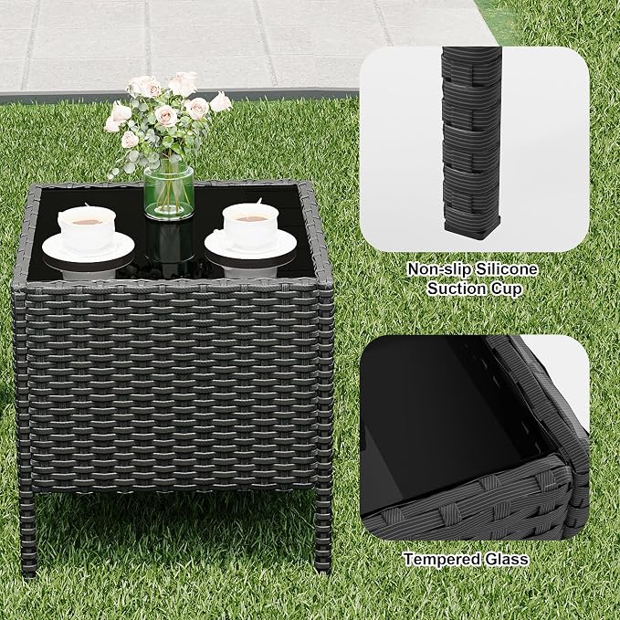 GarveeLife 3 Pieces Patio Furniture Set, Outdoor Furniture Sets with Cushions and Tempered Glass Table for Porch & Garden, Black Wicker/Beige Cushions