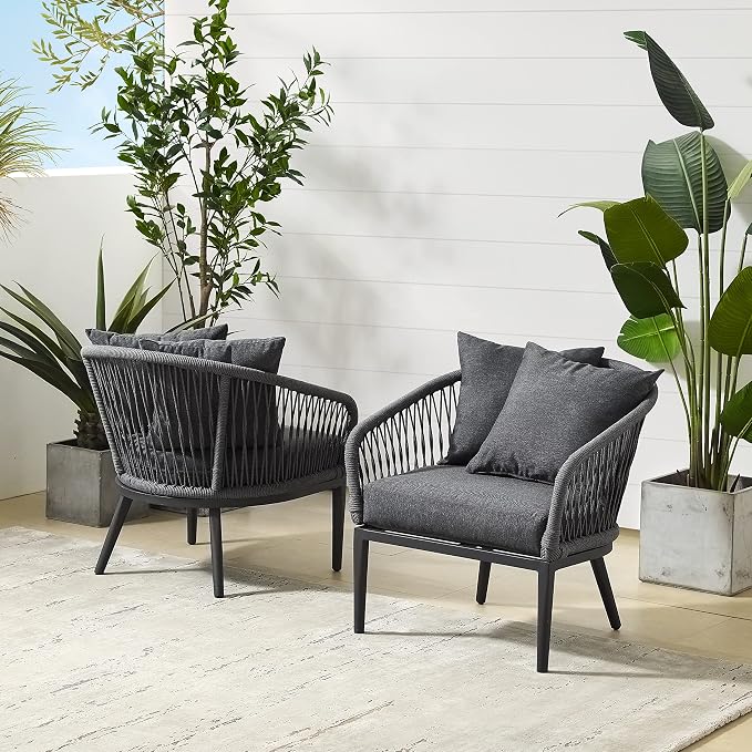 Crosley Furniture Dover 2-Piece Indoor Outdoor Chair Set, Patio Chairs for Conversation, Porch, Deck, Matte Black with Charcoal Cushions