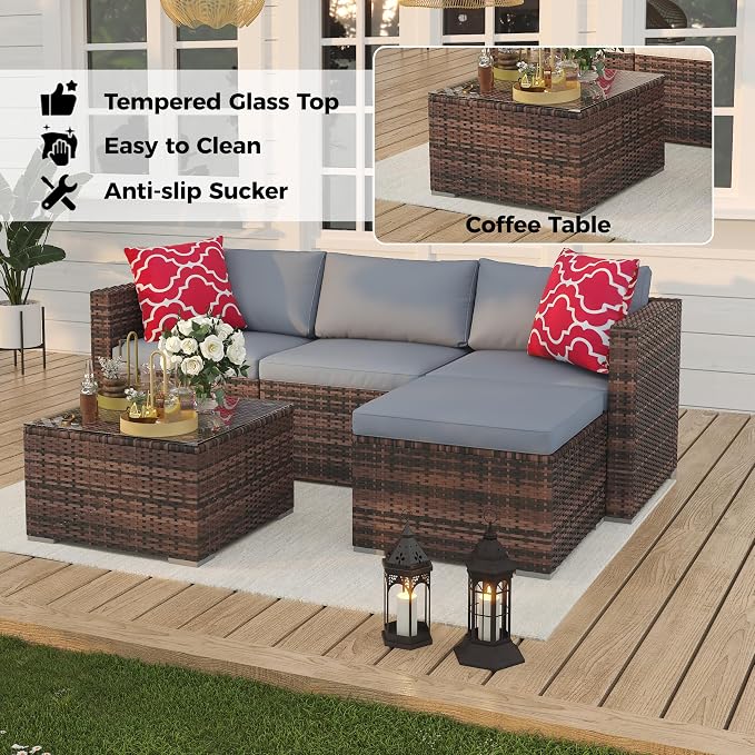 Patio Furniture Sets 5 Pieces, PE Wicker Modern Patio Conversation Set with Storage Cushions for Poolside, Deck, Balcony (Brown/Light Grey)