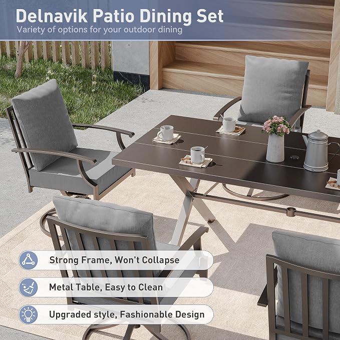 Kurapika 9 Pieces Patio Dining Set Outdoor Furniture with 8 Swivel Chairs, Metal Patio Furniture Set 8 Chairs and Large Table with Umbrella Cutout for Yard Porch Deck, Grey