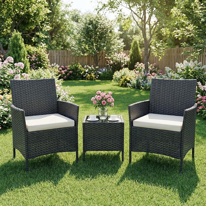 GarveeLife 3 Pieces Patio Furniture Set, Outdoor Furniture Sets with Cushions and Tempered Glass Table for Porch & Garden, Black Wicker/Beige Cushions