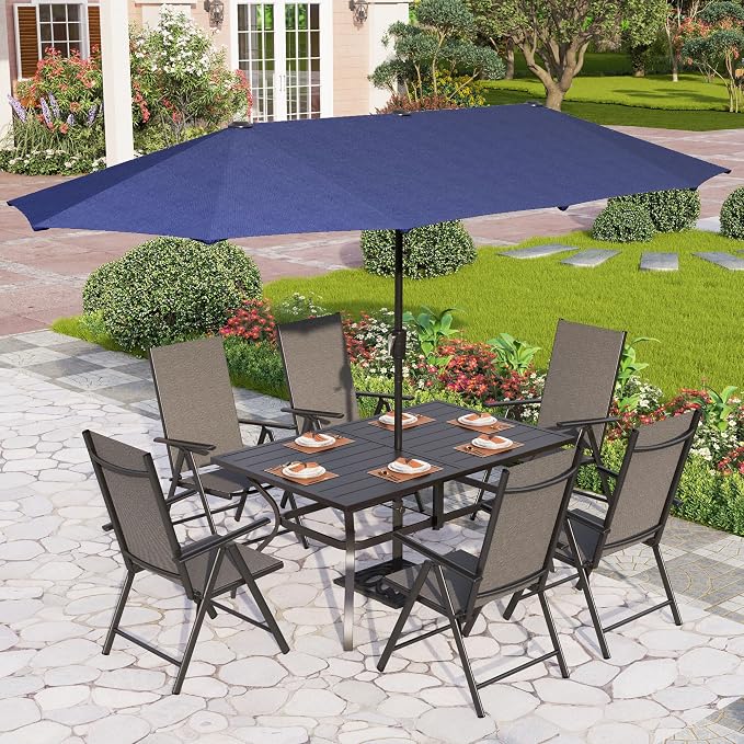 PHI VILLA Patio Dining Furniture Set with Umbrella, Outdoor Dining Set for 6, Black Foldable Chairs with Adjustable Backrest & Metal Table for Garden Deck (Navy Blue Umbrella Without Base)
