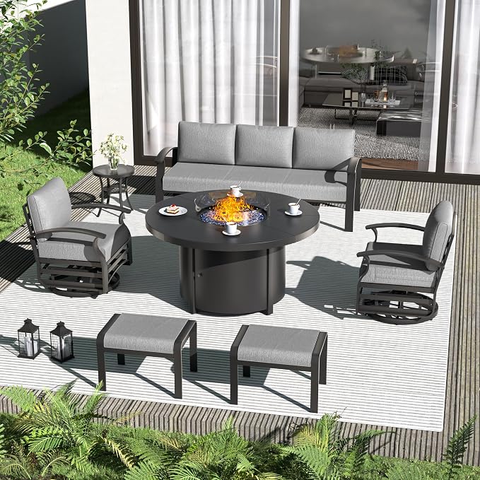 ALAULM Aluminum Patio Furniture Set with Coffee Table Rectangular, 5-seat Outdoor Sectional Furniture w/2 Swivel Chairs, Patio Conversation Set for Porch, Backyard, Poolside-Grey
