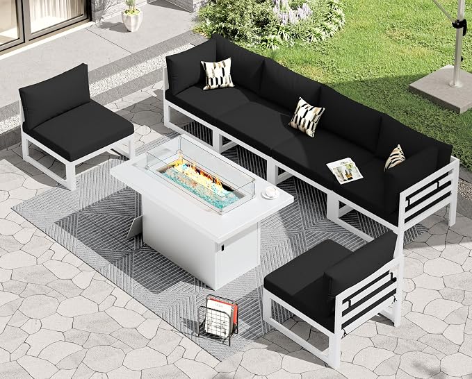 RADIATA 7 Piece L-Shaped Oversized Modern Aluminum Patio Furniture Set, All Weather Modular Sectional Sofa with Fire Pit Table, 500 lbs Heavy Duty Comfortable Outdoor Couch for Backyard Deck, Black
