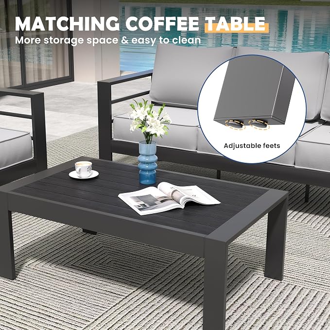 Amopatio Aluminum Patio Furniture Set, 7 Pieces Modern Patio Conversation Sets, Outdoor Sectional Metal Sofa with Coffee Table for Balcony, Garden, Dark Grey&Light Grey (Included Waterproof Covers)