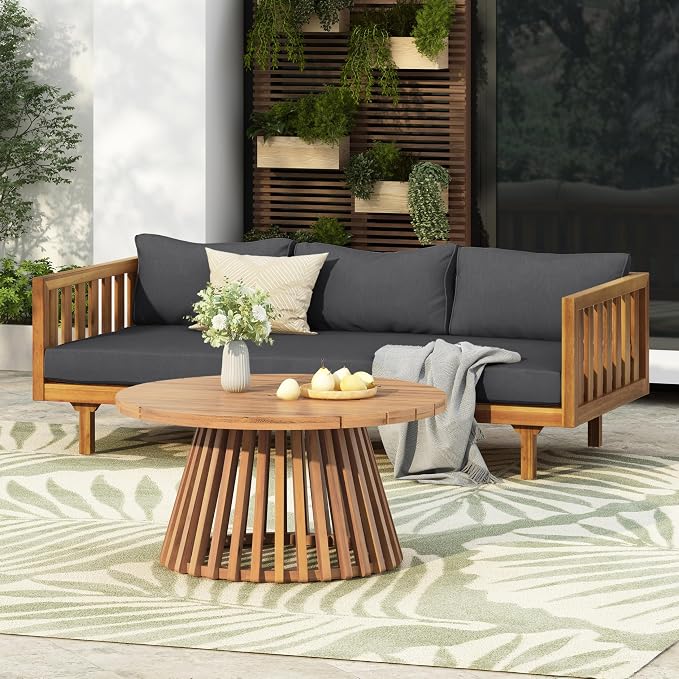 Christopher Knight Home Charm Patio Conversation Set, 3 Seater Acacia Wood Sofa, Spacious Seating Daybed, Wood Coffee Table, Round Side Table, Outdoor Furniture for Backyard Garden Rest, Dark Gray