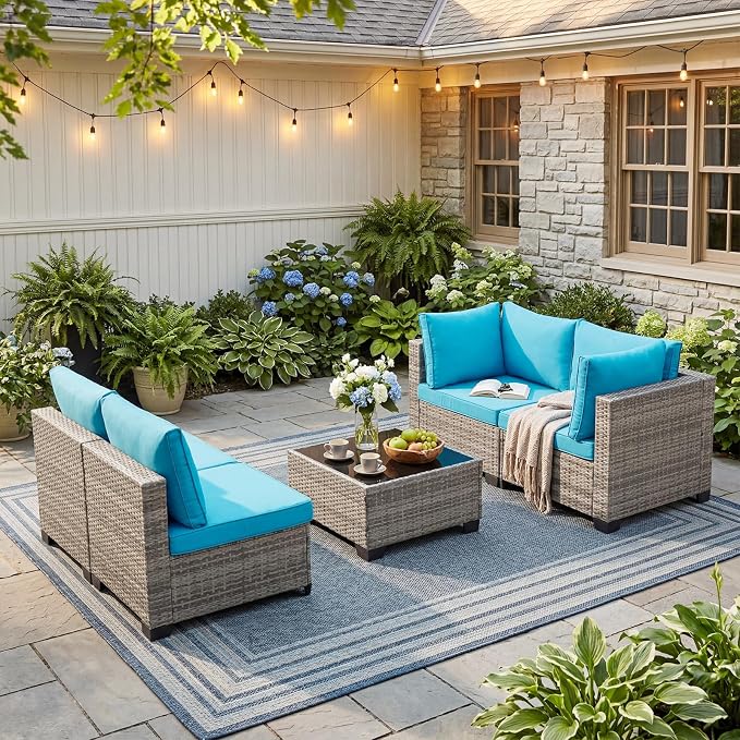 ANJ 5 Piece Outdoor Wicker Patio Furniture Set, Modular Loveseat Sofa with with Glass Top Coffee Table, All-Weather Rattan Conversation Couch Set for Balcony, Backyard, Light Grey Wicker-Turquoise