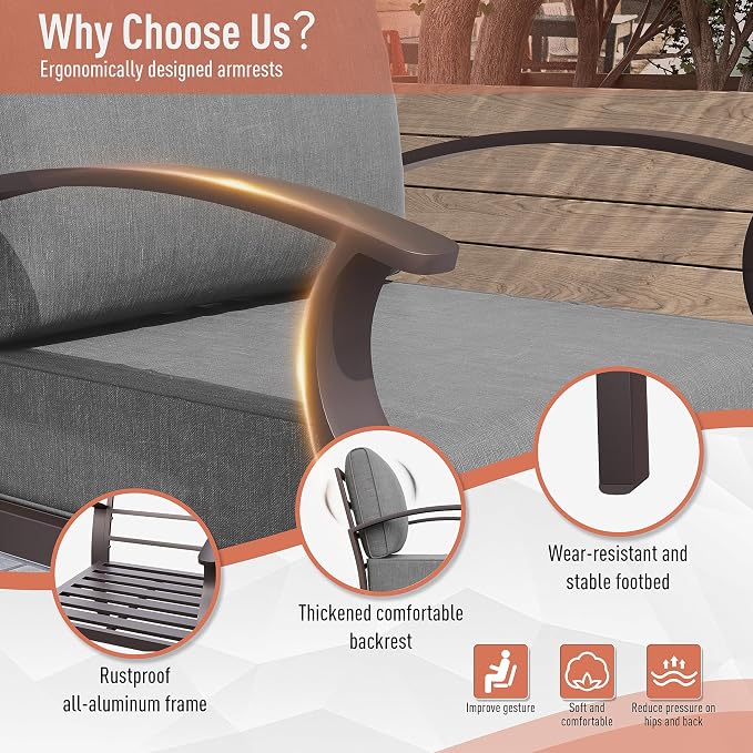 Kurapika Aluminum Patio Furniture Set 7-Seat Modern Metal Outdoor Conversation Sets w/45in Propane Fire Pit Table, Swivel Rocking Chairs Patio Sectional Sofa w/5.1 Inch Cushion, Grey