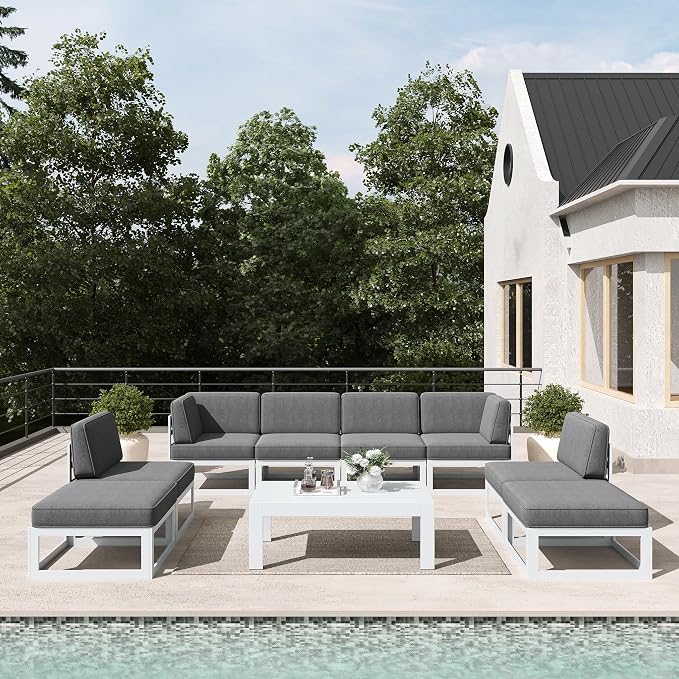 LayinSun 9 Pieces Modern Aluminum Patio Furniture Set with Coffee Table, Outdoor Modular Sectional Conversation Set L-Shaped Sofa for Backyard