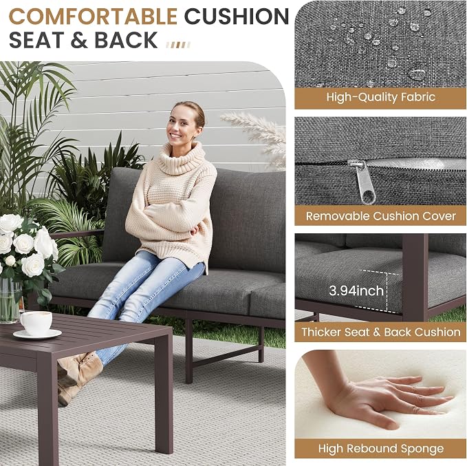 Aluminum Patio Conversation Set 5-Piece All-Weather Outdoor Sectional Sofa with 4" Cushions, Modular Patio Set for Porch Poolside Deck Yard