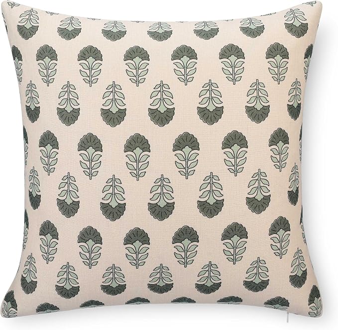 Modern Farmhouse California Casual Indoor Outdoor Throw Pillow Cover, 20"x20" Water Repellent for Patio, Backyard, Couch, Poolside, Earth Tone Olive Green Neutral Block Print Flowers
