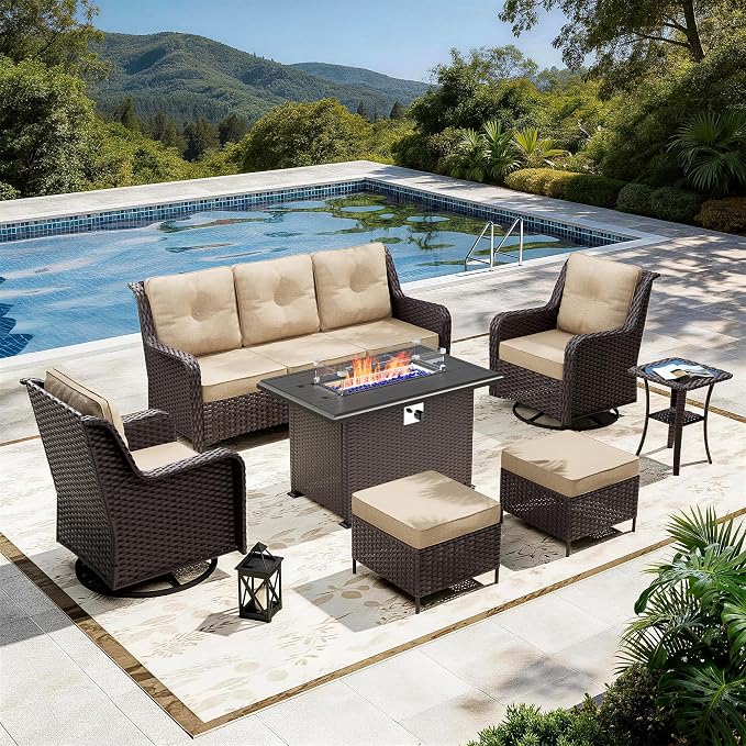 7-Piece Patio Furniture Set,Outdoor Conversation Sets w/Fire Pit Table&High Back Wicker Swivel Rocker Chairs,All-Weather Wicker Sectional Sofa for Deck,Yard and Poolside,Sand