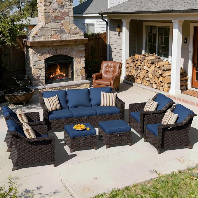 7 Pieces Patio Conversation Furniture Set - 1 Sofa, 2 Ottomans, 4 Armchairs, Outdoor Wicker Furniture with Removable Cushions for Porch, Balcony, Sunroom (Blue)