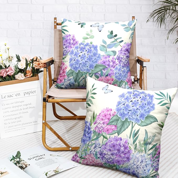 Hydrangea Pillow Covers 24x24 Set of 2 Spring Flowers Outdoor Pillow Covers Blue Purple Hydrangea Eucalyptus Throw Pillowcase Cotton Linen Cushion Case for Sofa Outdoor Patio