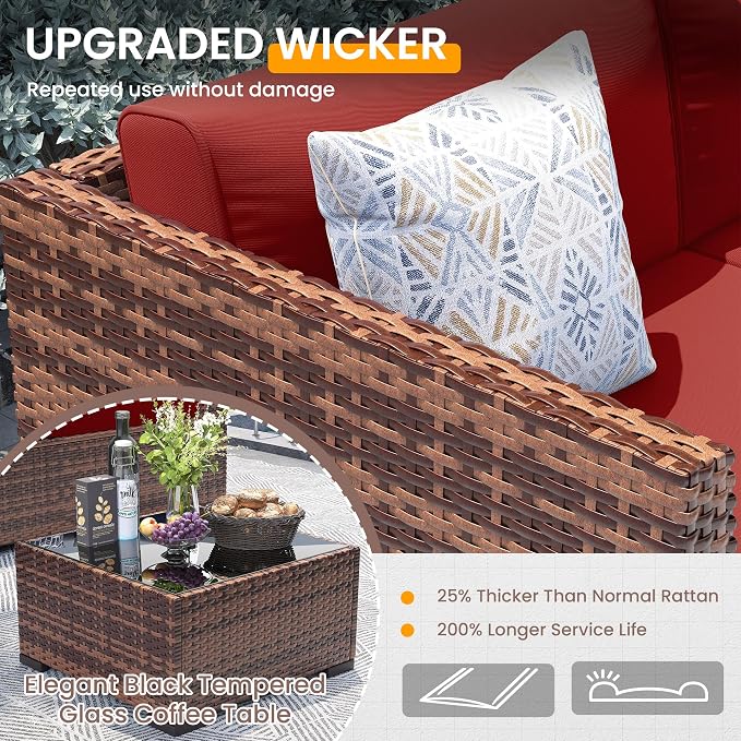 UDPATIO Patio Furniture Set, 7 Pieces Outdoor Sectional Sofa with 105°Slanted Back, Modular Rattan Conversation Set for Poolside, Backyard, Deck, with Coffee Table, Red
