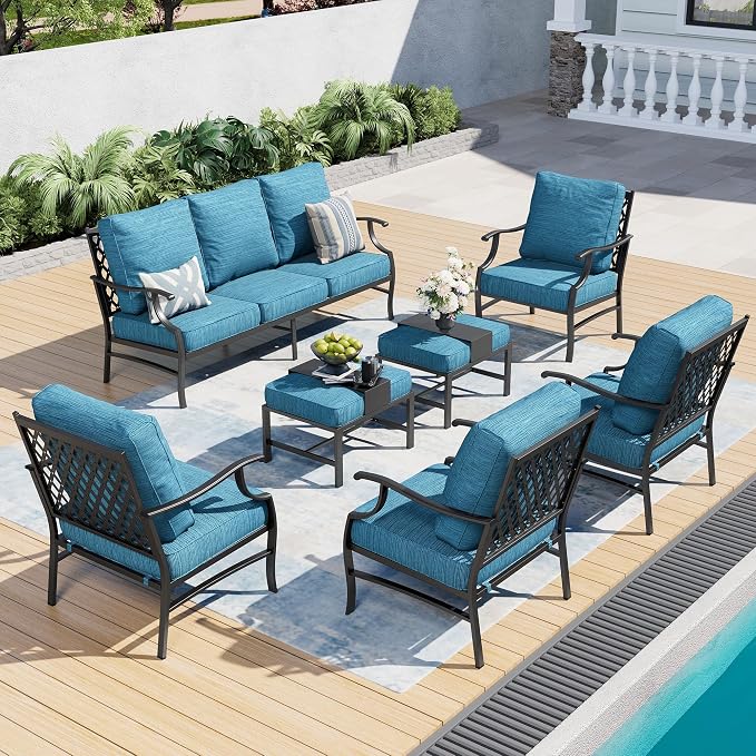 SUNSHINE VALLEY 7 Piece Metal Outdoor Patio Furniture Set, Patio Conversation Sets 3-seater Sofa, 4 Fixed Chair, 2 Ottomans with 5.75" Thick Cushion, Black All-weather Frame Backyard Furniture, Blue-2