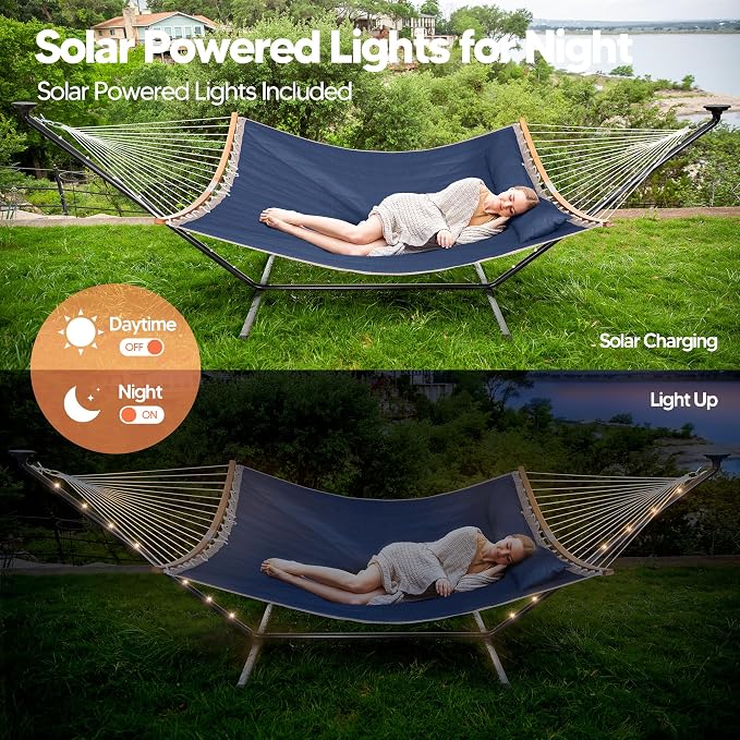 SUNCREAT Double Outdoor Hammock with 12 ft Stand, Solar Powered Lights, Portable 2 Person Hammock with Stand, Dark Blue