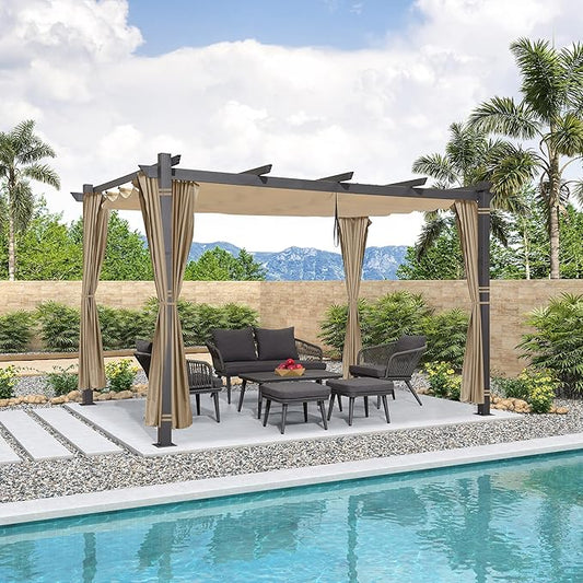 PURPLE LEAF 10' X 13' Outdoor Pergola with 4-Sided Curtains Retractable Canopy Patio Aluminum Sun Shade for Garden Deck Porch Gazebo Pavilion Grill Modern Yard Grape Trellis Pergola Beige