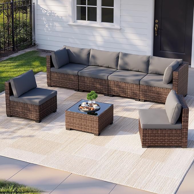 Qsun 7 Pieces Patio Furniture Set, Outdoor Sectional Rattan Sofa Set, Wicker Patio Conversation Set with Cushions and Glass Coffee Table, for Balcony, Porch, Garden, Grey