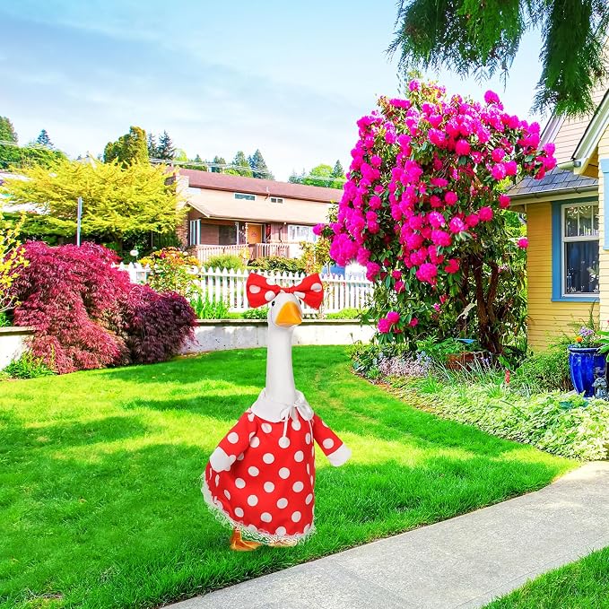 FuWeave Goose Outfit Flower Porch Goose Clothes for 23" Large Statue Outdoor Patio Yard Lawn Art Decoration, Red White Dots