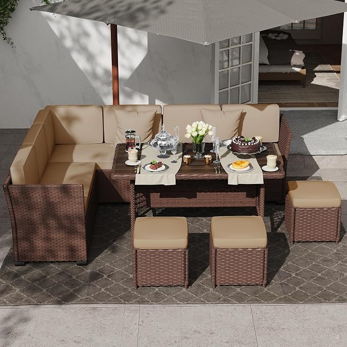 KIGOTY 7 Piece Patio Furniture Set, Outdoor PE Wicker Rattan Outdoor Dining Set, Patio Table and Chairs Set, Patio Conversation Sofa Set with Dining Table and Ottoman(Brown-Camel)