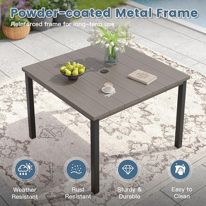 DIFY 5 Piece Outdoor Patio Dining Set for 4, 40.2" Grey Wood-Like Square Metal Dining Table and Swivel Patio Chairs with Grey Padded Textilene, All-Weather Outdoor Furniture Set for Garden Backyard