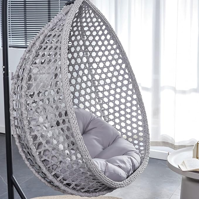 Hanging Egg Swing Chair with Stand, Rattan Wicker Hanging Egg Chair Hammock Indoor with Cushions, Swinging Chair for Bedroom Outdoor Patio Balcony Backyard Sunroom Heavy Duty 350LBS (Gray)