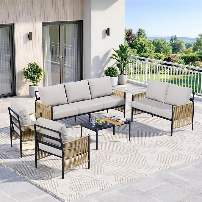 Aluminum Outdoor Patio Furniture Set, 7 Seats Outdoor Sectional with Coffee Table, Patio Conversation Sets with Washable Thick Cushions and Waterproof Cover for Backyard/Garden /Poolside, Silver Gray