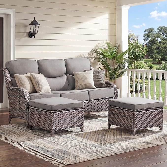 Luxury 3 Pieces Patio Furniture Sets-All Weather Wicker Rattan 3-Seat Sofa Set with Comfy 6" Cushion, Multifunctional Ottomans Patio Conversation Set for Deck Backyard Garden(Brown/Grey)