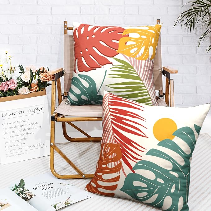 Set of 2 Summer Tropical Leaves Throw Pillow Covers Palm Banana Leaf Pillow Covers 18x18 Abstract Sun and Monstera Leaf Cushion Case for Sofa Patio Indoor Outdoor Decor