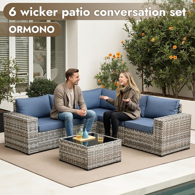 6 Pieces Patio Furniture Set,Wicker Outdoor Sectional Sofa with Coffee Table Comfy Cushions,Modern Modular Deep Seat Rattan Couch Conversation Set for Backyard Porch Yard,Denim Blue