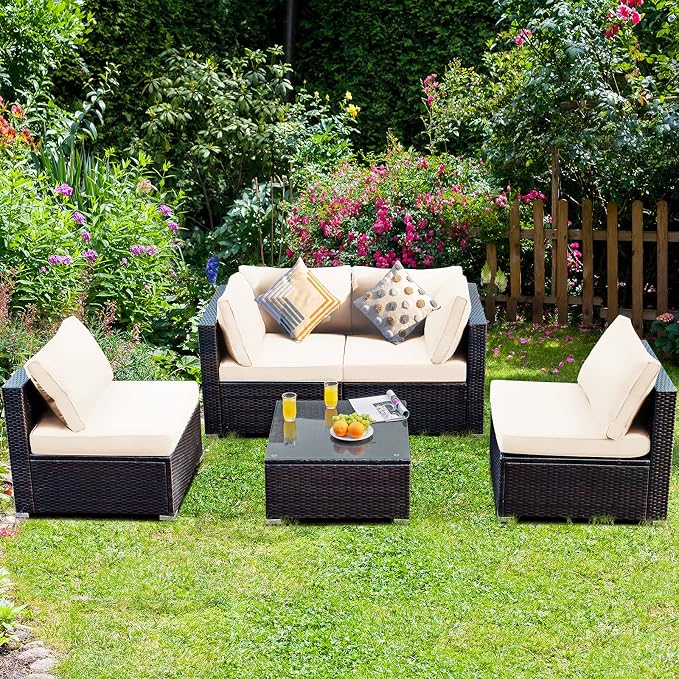 HAPPYGRILL 5 Pieces Patio Furniture Set Outdoor Rattan Wicker Sofa Set with Coffee Table Sectional Sofa Conversation Set with Pillows Cushions for Backyard Porch Garden Poolside