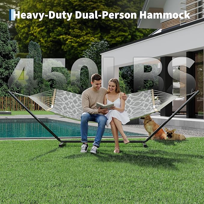 2 Person Outdoor Hammock with Stand, 450 LBS Heavy Duty Anti-Tipping Frame with Balance Rope, Rainproof & Quick Dry for Patio, Backyard, Balcony & Outdoor Garden Use, Light Gray Texture