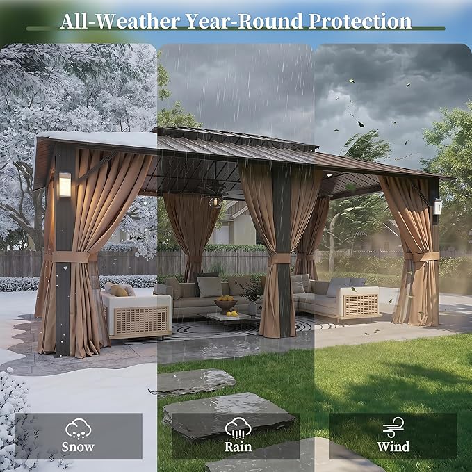 Aoxun 16'x12' Hardtop Gazebo with 4 LED Lights, Outdoor Gazebo with Galvanized Steel Double Roof, Patio Gazebo with Breathable Netting & Privacy Curtain, Decor Hooks for Backyard, Brown