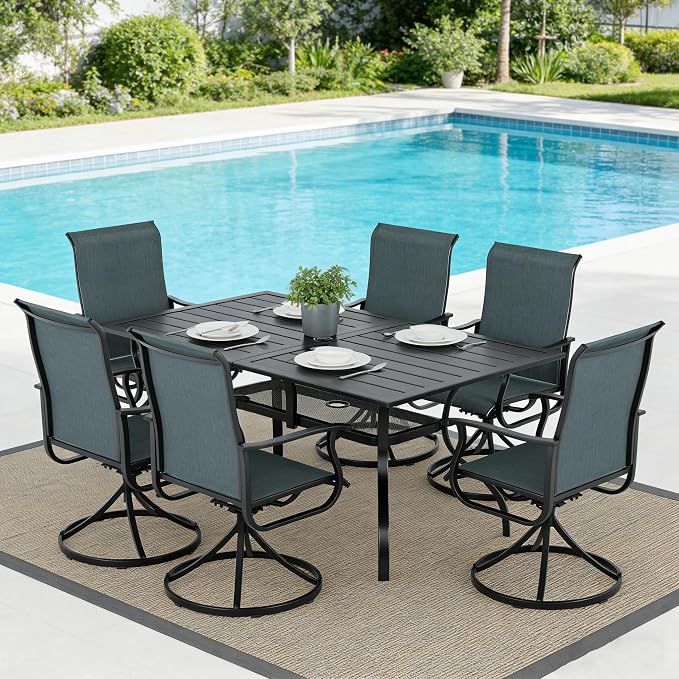 SUNCROWN 7-Piece Outdoor Patio Dining Set, All Weather Rectangular Metal Table & 6 Dark Grey Swivel Textilene Mesh Chairs, Weather Resistant Patio Furniture for Deck Lawn Garden Backyard Poolside