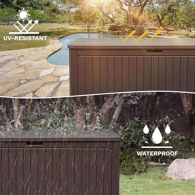 DWVO 320 Gallon Double-Wall Deck Box with Divider, XXL Extra Large Resin Outdoor Storage Box, Lockable & Waterproof, Double as Seating, 1000lbs Capacity (Brown)
