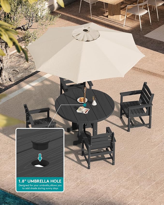 SERWALL 5-Piece Outdoor Round Dining Sets, HDPE Patio Table and Chairs Furniture Set, 45" Round Dining Table and 4 Dining Chairs, Black