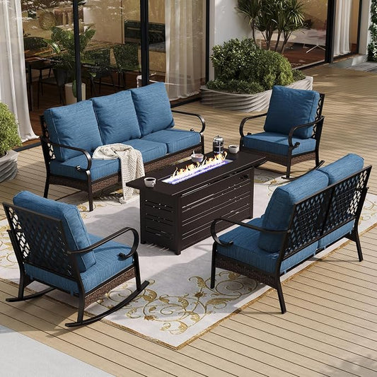 SUNSHINE VALLEY 5 Piece Metal Outdoor Patio Furniture Sets with Firepit Table, Patio Conversation Sets 1 3-Seater Sofa, 2-Seater Loveseat, 2 Rocking Chair with 5.75" Cushion for Backyard Deck, Blue-2