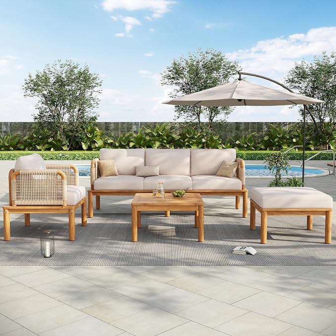 Christopher Knight Home Coby 4-Piece Acacia Wood Patio Furniture Set, Outdoor Conversation Sofa Set with Club Chair, Coffee Table and Ottoman, Patio Sectional Chat Set for Backyard/Balcony, Teak+Beige