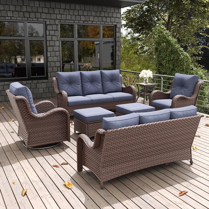 LayinSun 7 Pieces Outdoor Patio Furniture Set, Rattan Wicker Sectional Swivel Rocker Chairs Sets with Ottomans, Swivel Glider Chairs and Coffee Table