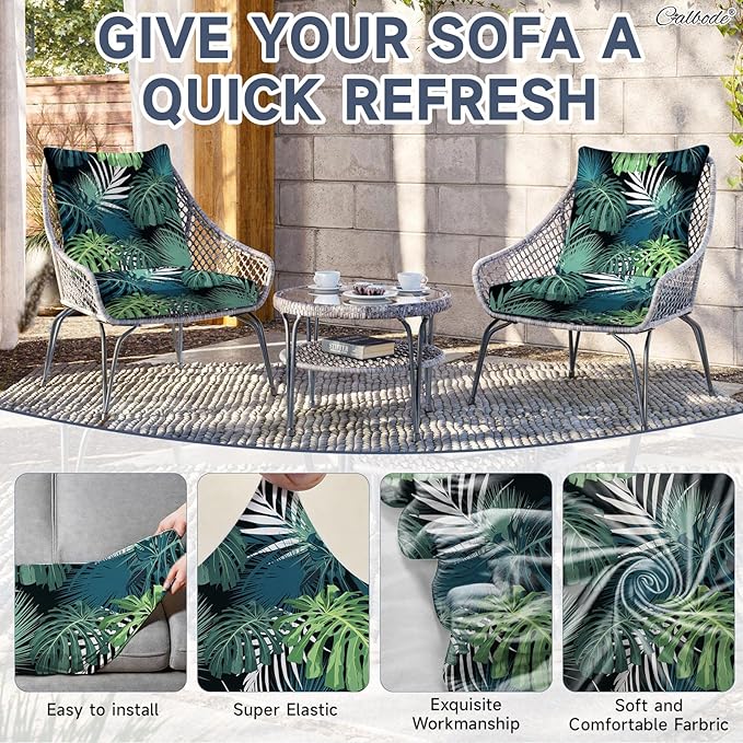 CALBODE 14 Pcs Stretch Outdoor Seat Cushion Covers, Washable Chair Seat Cover for Patio Furniture Cushions Soft Indoor and Outdoor Couch Cover Replacement (Greenery, Cover Only)