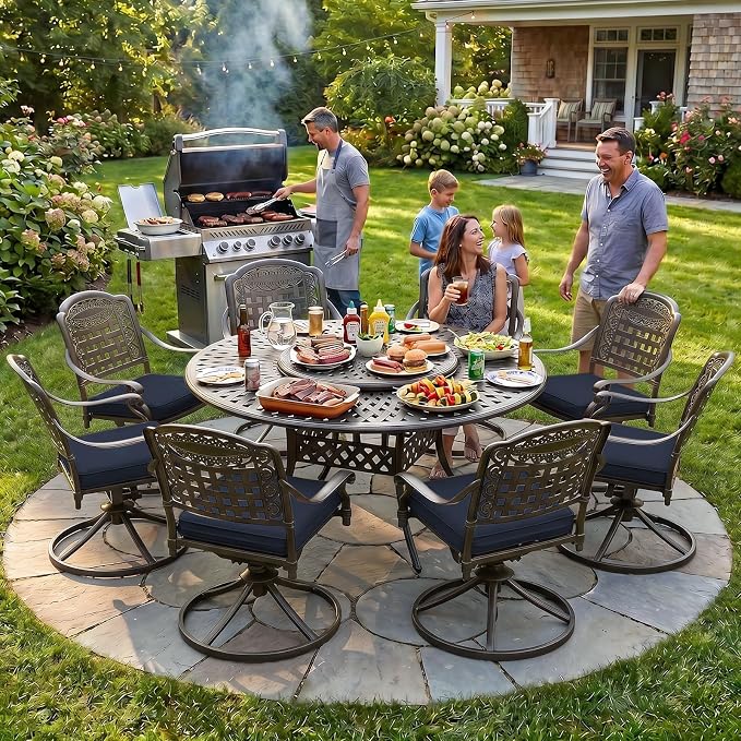 MEETWARM Outdoor 9-Piece Patio Dining Set, All-Weather Cast Aluminum Patio Conversation Set- 8 Cushioned Swivel Rocker, 61" Round Patio Dining Table w/Detachable Lazy Susan/Umbrella Hole, Navy Blue
