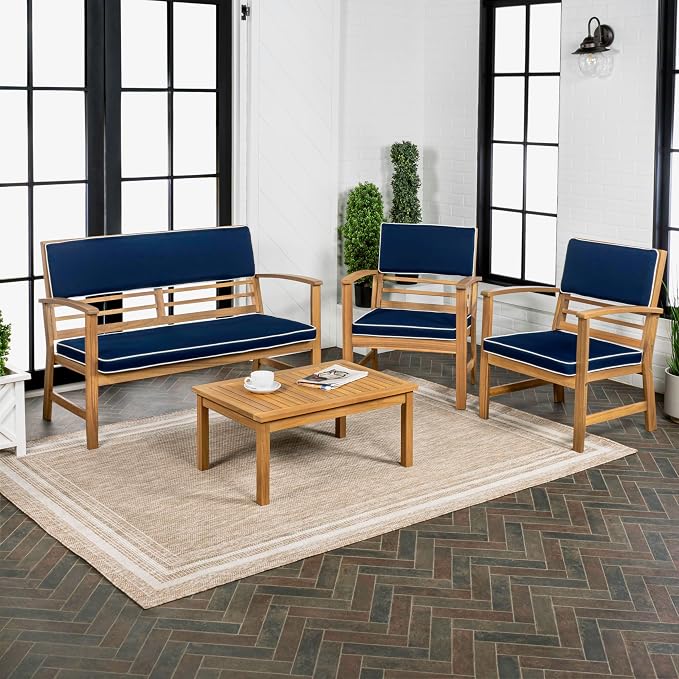 JONATHAN Y Barclay Modern 4-Piece Acacia Wood Outdoor Patio Set, Conversation Seating Group with Removable Cushions and Coffee Table for Backyard, Porch, Garden, Poolside, Navy LVG1000C-4SET