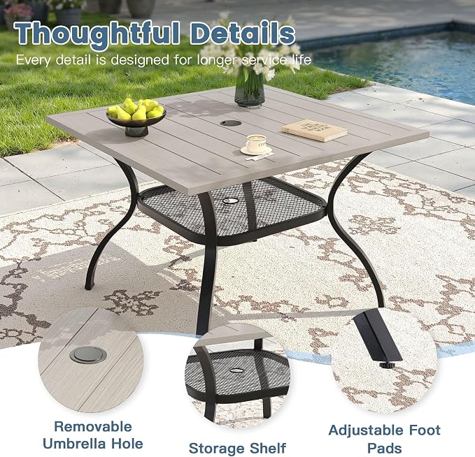 DIFY 5 Piece Outdoor Dining Set, 38" Grey Wood-Like Square Metal Patio Table and Grey Textilene Stackable Chairs for 4, All Weather Patio Furniture Set with Umbrella Hole for Backyard Garden Deck
